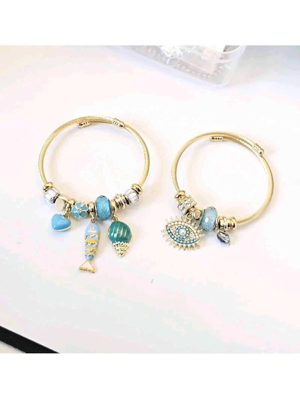 New Gold-plated Charm Bracelets Adjustable Cable Cuff Fish Evil Eye Beach Aqua